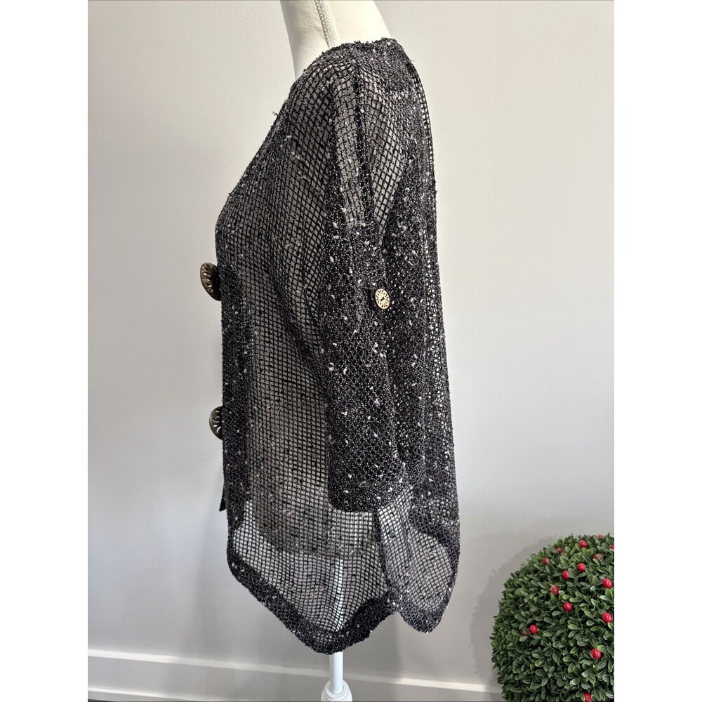 Lulu B Cardigan Mesh Black Slub Wood Button Front Sharkbite Lagenlook Sz L - Picture 3 of 8